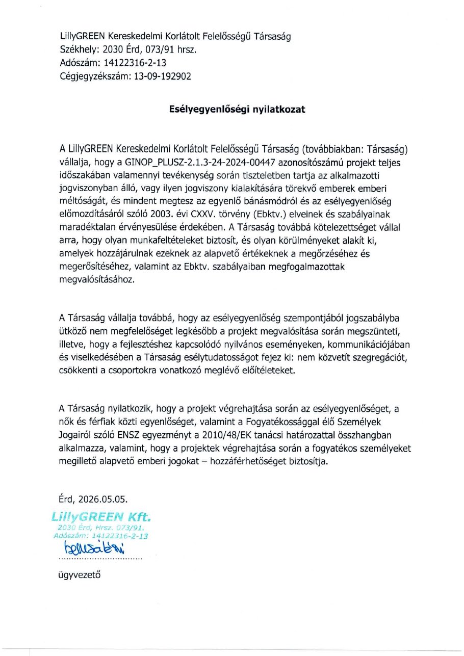 Esélyegyenlőségi nyilatkozat cégszerű aláírással